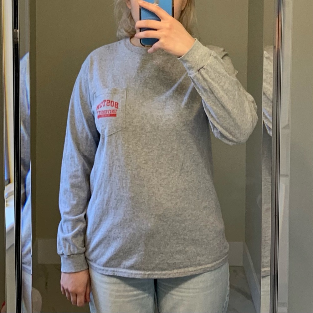 Boston University Gray Long-Sleeve Shirt with Front Pocket, Medium